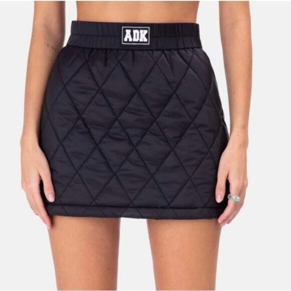 NWT Adika Black Quilted Puffer Mini Skirt Side Zip Elastic Waist Size L - Picture 1 of 7